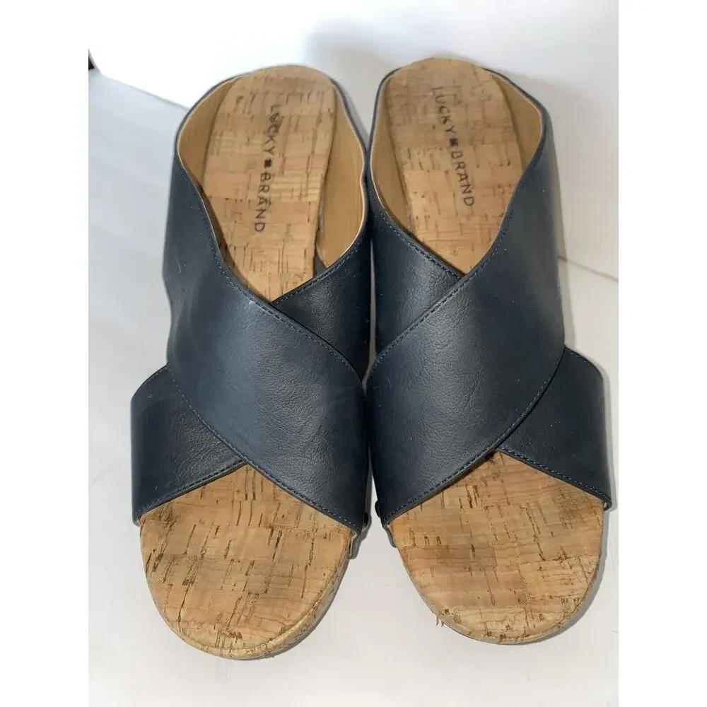 The Lucky Brand Sz 8.5 Dark Blue Strappy Nailhead Cork Wedge Sandal